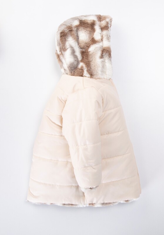 Çift Taraflı İçi Polarlı Rüzgar Geçirmez Kapüşonlu Şişme Kız Çocuk Mont 2-6 Yaş 50315 Bej - 3