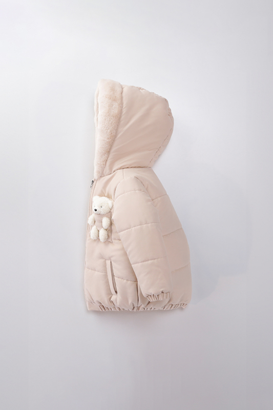 Su Ve Rüzgar Geçiemez Kapüşonlu Şişme Peluş Kışlık Kız Çocuk Mont 2-6 Yaş 50326 Bej - 3