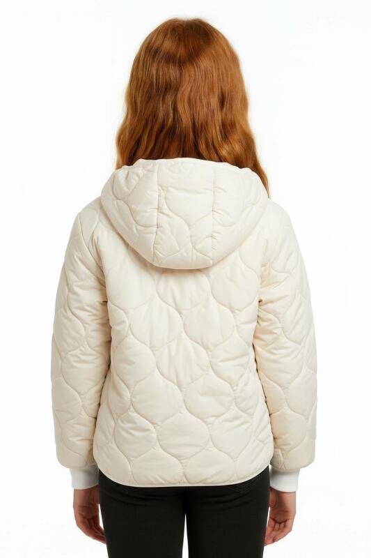 Çift Traflı İçi Polarlı Rüzgar Geçirmez Kapüşonlu Şişme Kız Çocuk Mont 6-10 Yaş 50323 Ekru - 3