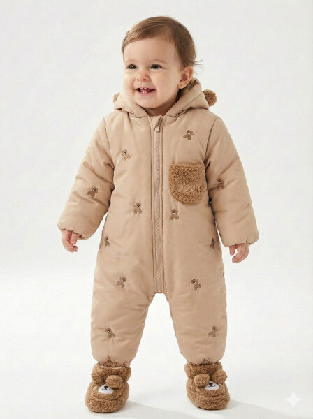 İçi Polarlı Su Ve Rüzgar Geçirmez Kapüşonlu Kız Çocuk Kozmonot Tulum 9-24 Ay 50115 Bej - MİDİMOD