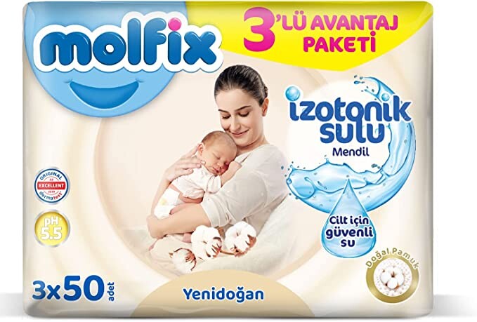 Molfix Yenidoğan İzotonik Sulu Doğal Pamuk Islak Havlu Mendil 3'Lü 150 Yaprak - 1