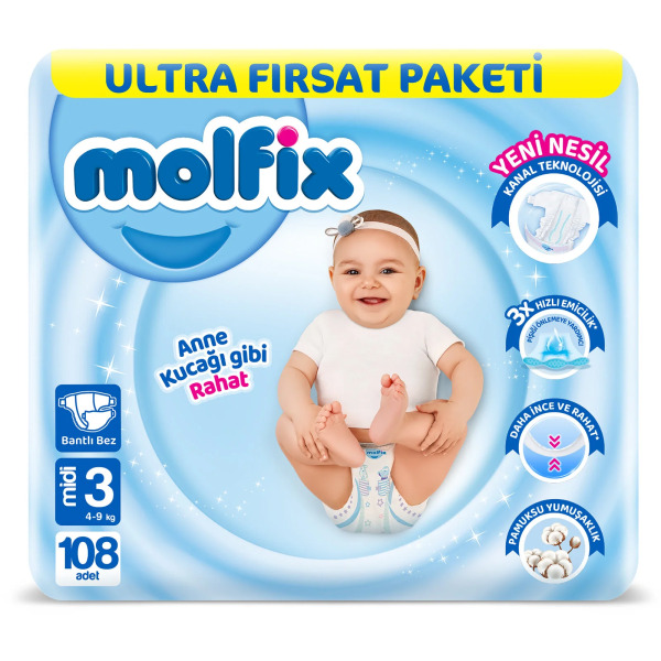 Molfix Bebek Bezi Ultra Fırsat Paketi 3 Beden 4-9 Kg 108 Adet - Molfix