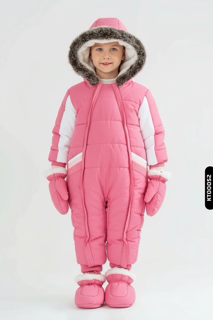 İçi Polarlı Kapuşonlu Eldivenli Kız Çocuk Astronot Tulum 6-12 Ay 19905 Fuşye - 1