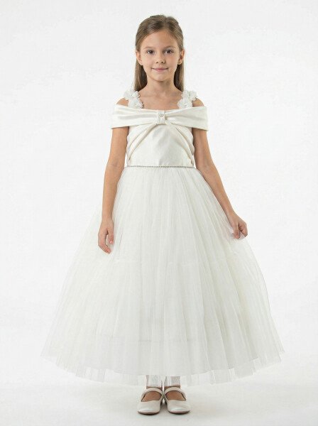 Kız Çocuk Yazlık Abiye Elbise 7-11 Yaş 2918 Krem - Monita