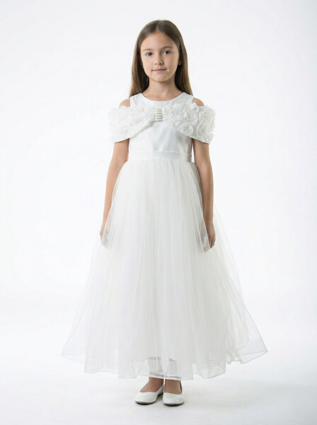 Kız Çocuk Yazlık Abiye Elbise 7-11 Yaş 3322 Beyaz - Monita