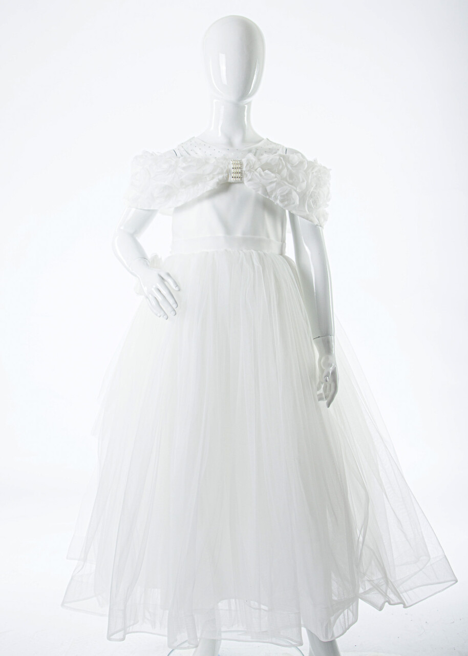 Kız Çocuk Yazlık Abiye Elbise 7-11 Yaş 3322 Beyaz - 3