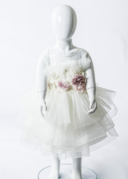 Kız Çocuk Yazlık Abiye Elbise 1-5 Yaş 3354 Krem - 3