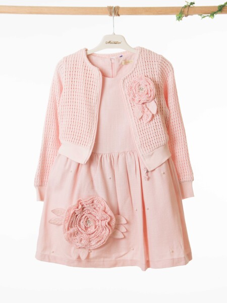 Kız Çocuk Elbise + Bolero 6-9 Yaş 52124 Pudra - 5