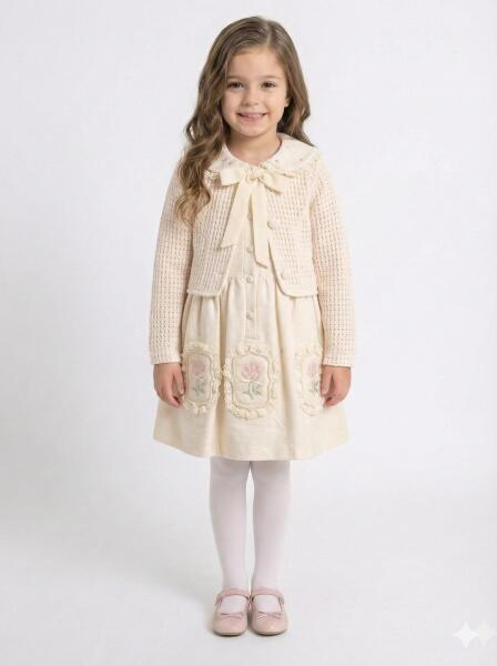 Kız Çocuk Elbise + Bolero 4-7 Yaş 52120 Bej - MOONSTAR