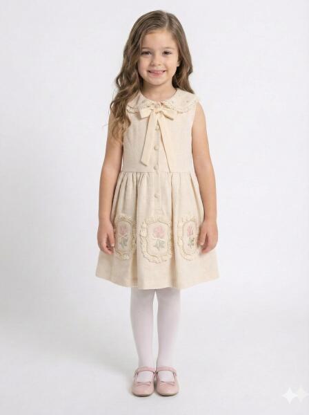 Kız Çocuk Elbise + Bolero 4-7 Yaş 52120 Bej - 3