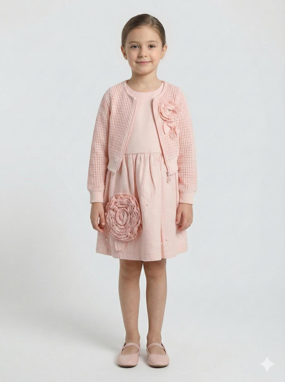 Kız Çocuk Elbise + Bolero 6-9 Yaş 52124 Pudra - 1