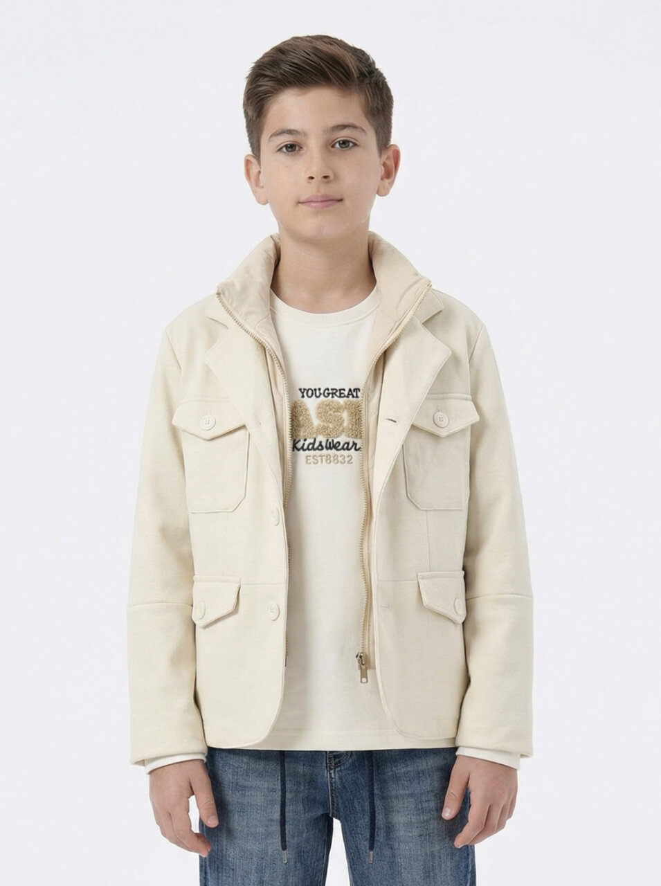 Erkek Çocuk 3'lü Alt Üst Takım 11-14 Yaş 14205 Ekru - Mavi - 5