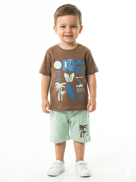 Erkek Çocuk Yazlık 2'li Alt Üst Takım (Tişort + Şort) 2-7 Yaş 3224 Kahverengi - NASR GRUB