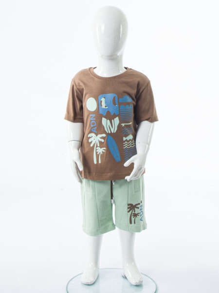 Erkek Çocuk Yazlık 2'li Alt Üst Takım (Tişort + Şort) 2-7 Yaş 3224 Kahverengi - 3