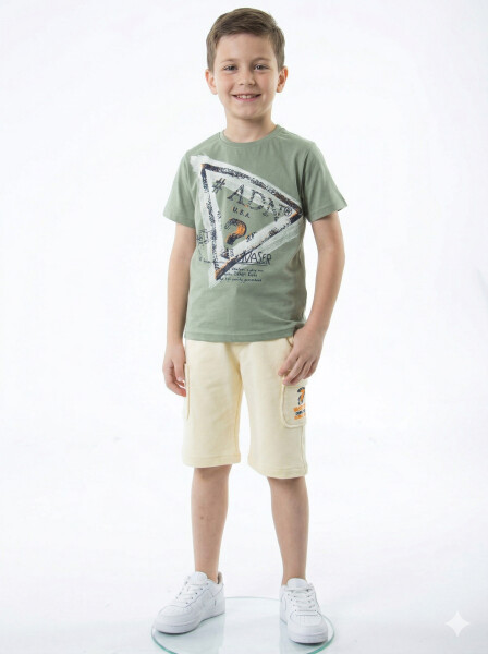 Erkek Çocuk Yazlık 2'li Alt Üst Takım (Tişort + Şort) 8-14 Yaş 4224 Haki - NASR GRUB