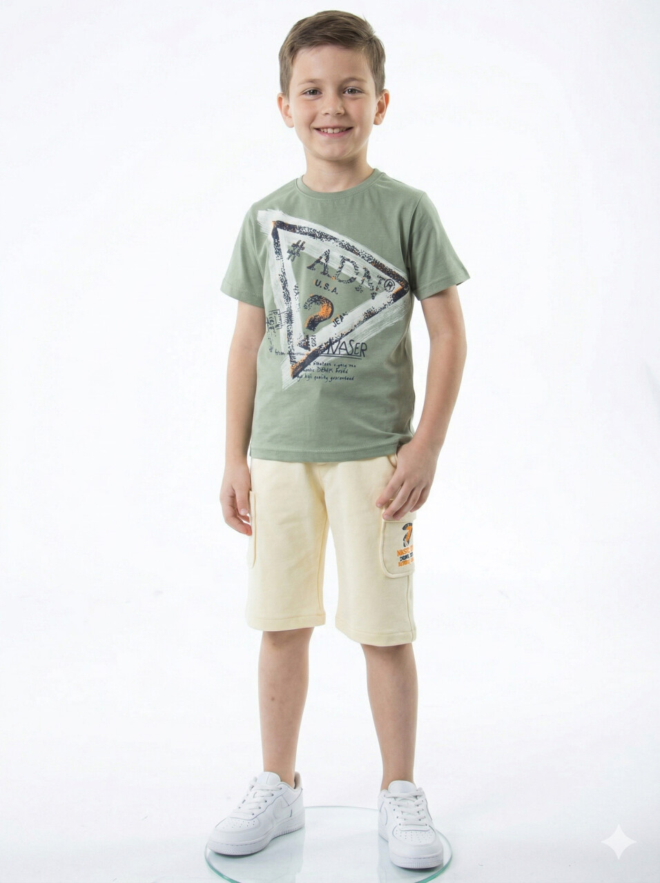 Erkek Çocuk Yazlık 2'li Alt Üst Takım (Tişort + Şort) 8-14 Yaş 4224 Haki - 1