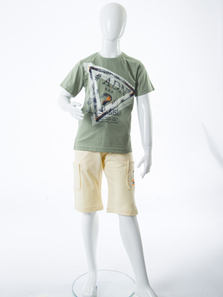 Erkek Çocuk Yazlık 2'li Alt Üst Takım (Tişort + Şort) 8-14 Yaş 4224 Haki - 3