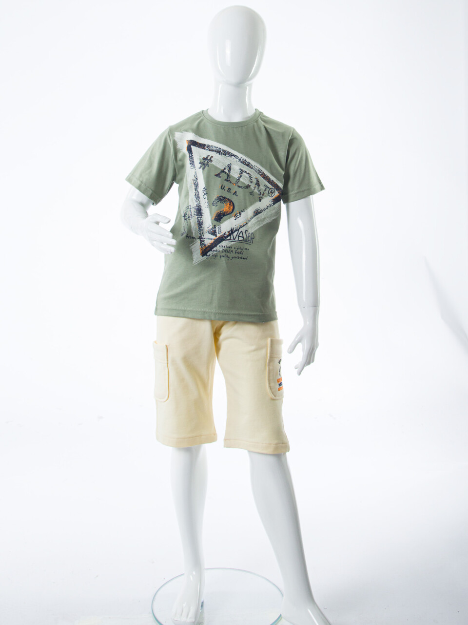 Erkek Çocuk Yazlık 2'li Alt Üst Takım (Tişort + Şort) 8-14 Yaş 4224 Haki - 3