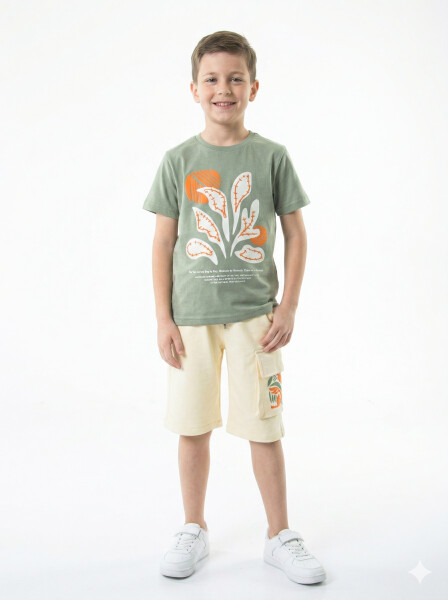 Erkek Çocuk Yazlık 2'li Alt Üst Takım (Tişort + Şort) 8-14 Yaş 4225 Haki - NASR GRUB