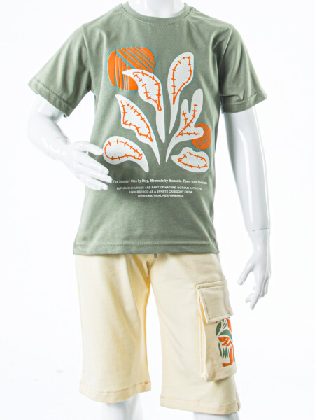 Erkek Çocuk Yazlık 2'li Alt Üst Takım (Tişort + Şort) 8-14 Yaş 4225 Haki - 4