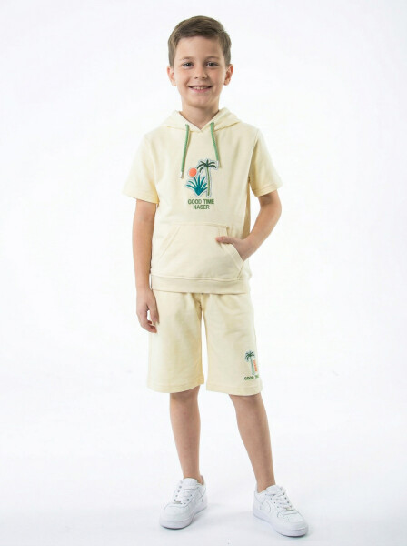 Erkek Çocuk Yazlık 2'li Alt Üst Takım (Tişort + Şort) 8-14 Yaş 4221 Krem - NASR GRUB