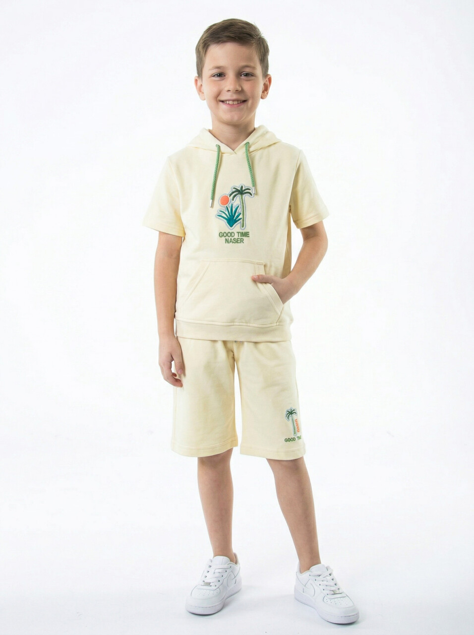 Erkek Çocuk Yazlık 2'li Alt Üst Takım (Tişort + Şort) 8-14 Yaş 4221 Krem - 1