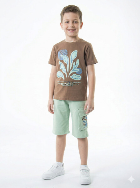 Erkek Çocuk Yazlık 2'li Alt Üst Takım (Tişort + Şort) 8-14 Yaş 4225 Kahverengi - NASR GRUB