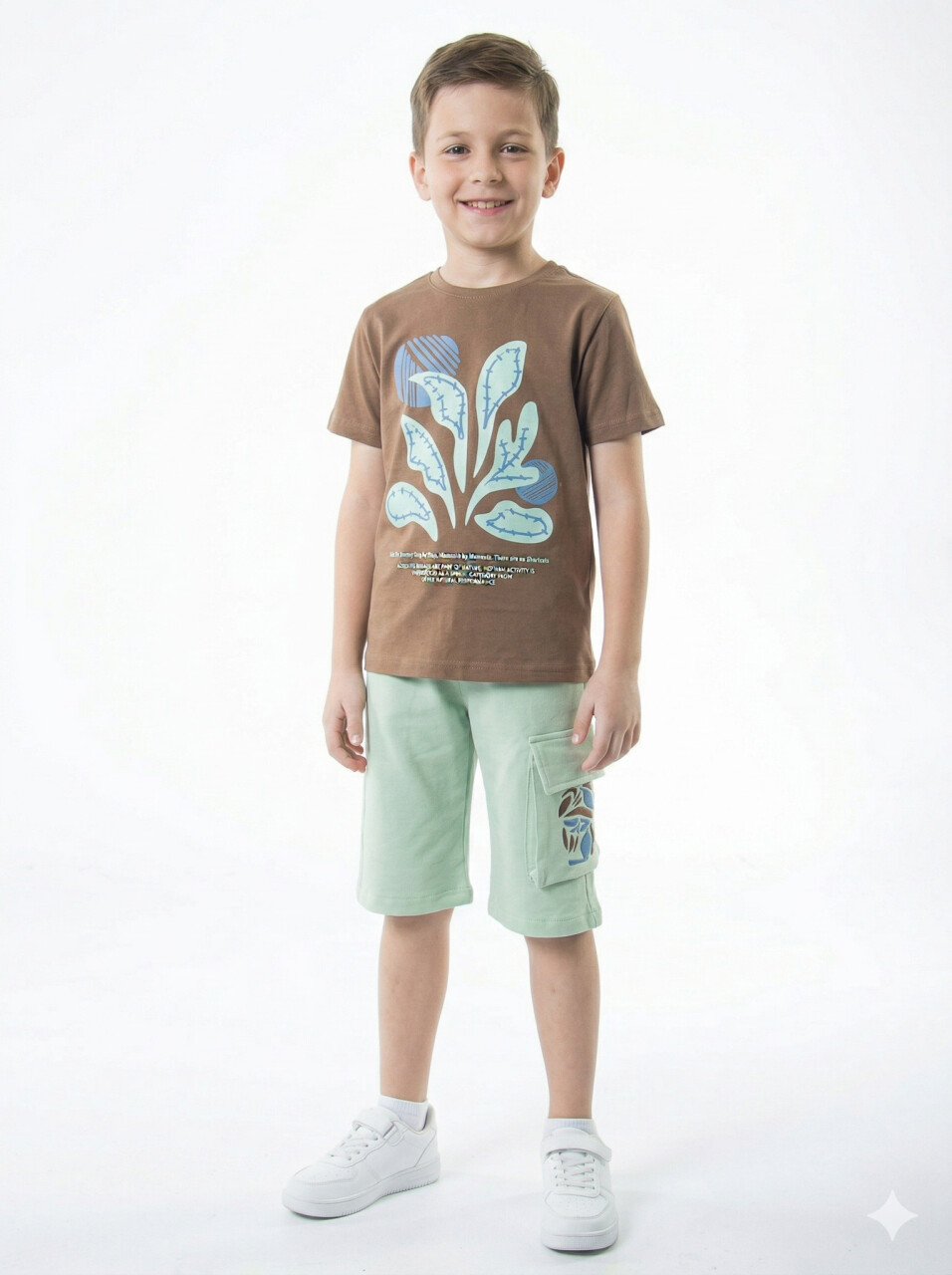 Erkek Çocuk Yazlık 2'li Alt Üst Takım (Tişort + Şort) 8-14 Yaş 4225 Kahverengi - 1