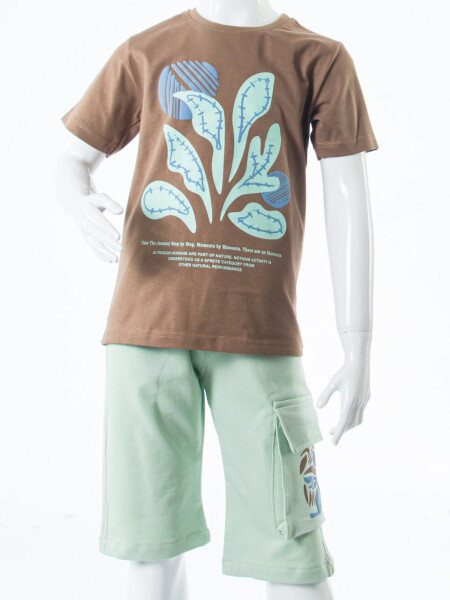 Erkek Çocuk Yazlık 2'li Alt Üst Takım (Tişort + Şort) 8-14 Yaş 4225 Kahverengi - 4