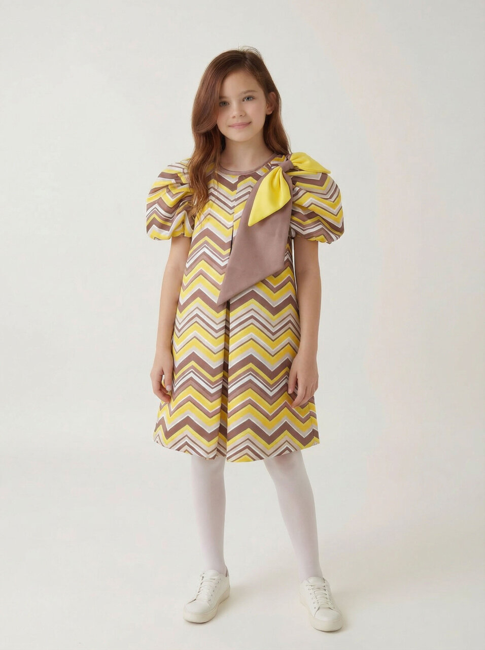 Kız Çocuk Elbise 6-12 Yaş 5003 Kahverengi - Sari - 1