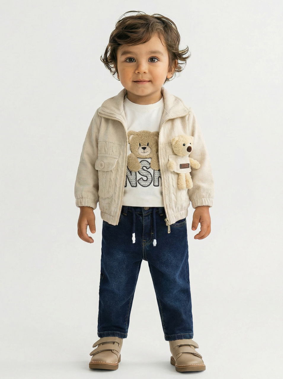 Erkek Çocuk 3'lü Alt Üst Takım 1-3 Yaş 11203 Ekru - Mavi - 1