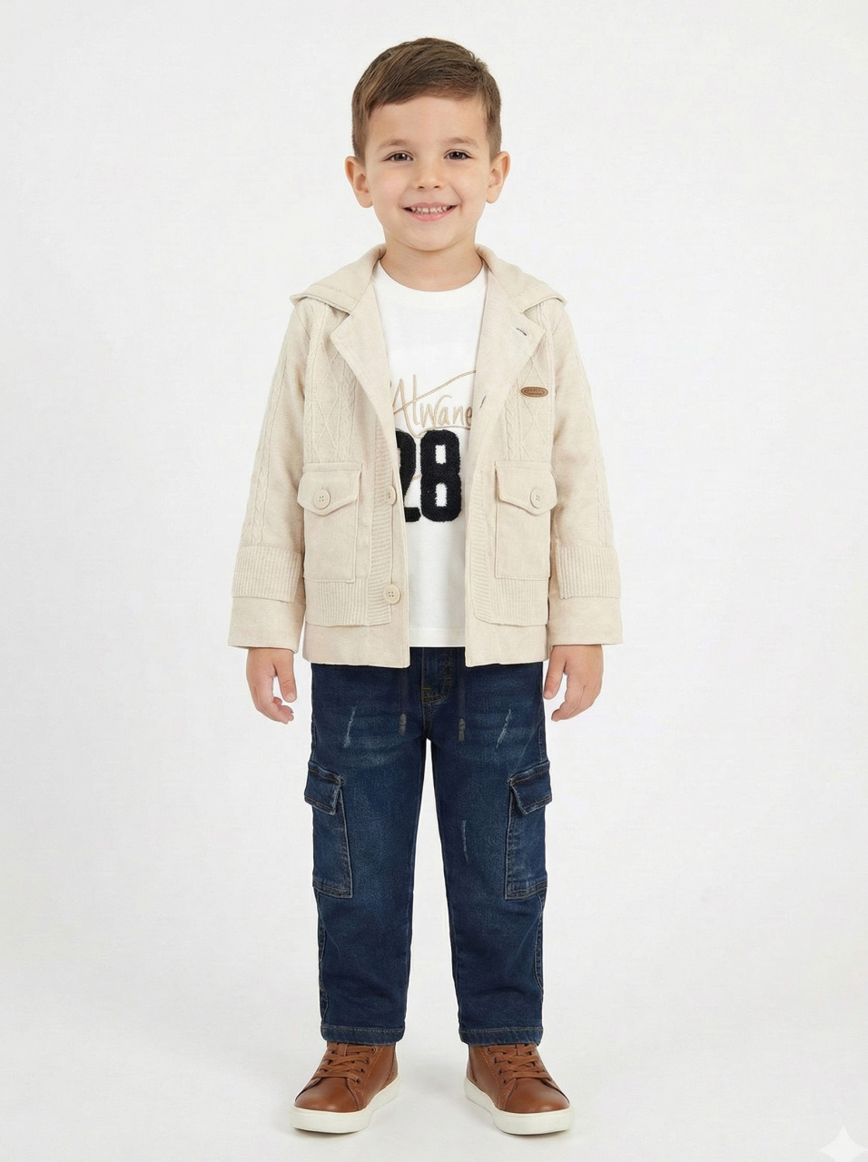 Erkek Çocuk 3'lü Alt Üst Takım 2-5 Yaş 12202 Ekru - Lacivert - 1