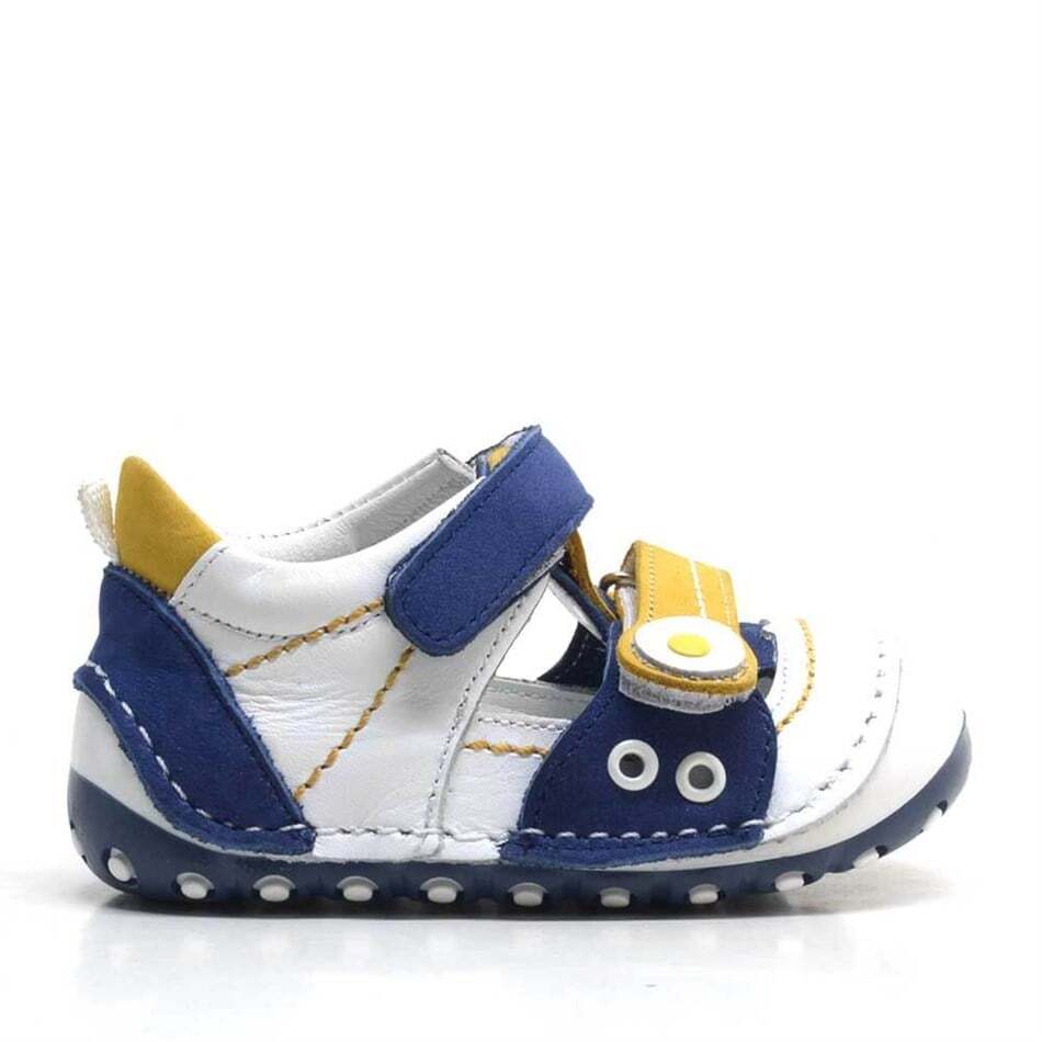 حذاء صيفي من الجلد الطبيعي باللون الأصفر والأزرق الداكن مزود بشريط فيلكرو للخطوة الأولى - 2