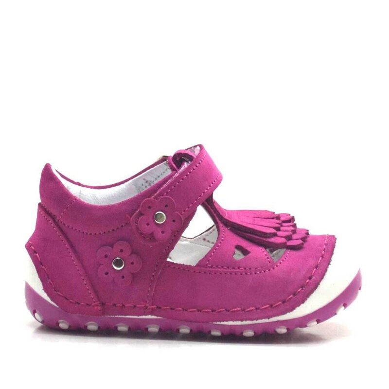 حذاء صيفي من الجلد الطبيعي مزين بشراشيب وردية اللون مع شريط فيلكرو - 2