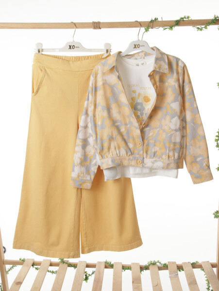 Kız Çocuk 3'lü Alt Üst Kombin Takmı 8-14 Yaş SET0502 Sarı - 10