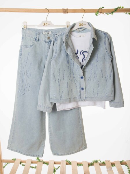 Kız Çocuk 3'lü Alt Üst Kombin Takmı 8-14 Yaş SET0498 Mavi - 2