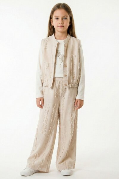 Kız Çocuk 3'lü Alt Üst Kombin Takmı 8-14 Yaş SET0495 Krem - NK KİDS