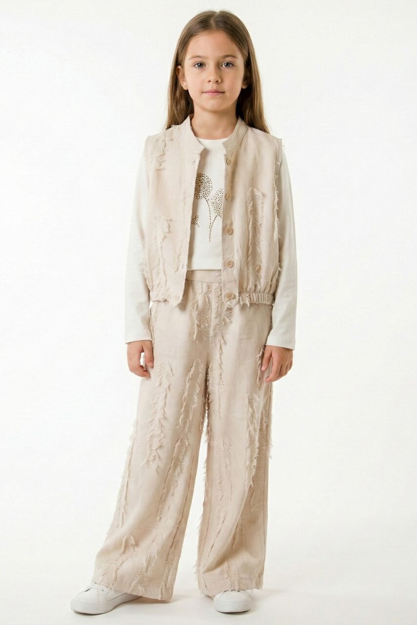 Kız Çocuk 3'lü Alt Üst Kombin Takmı 8-14 Yaş SET0495 Krem - 1