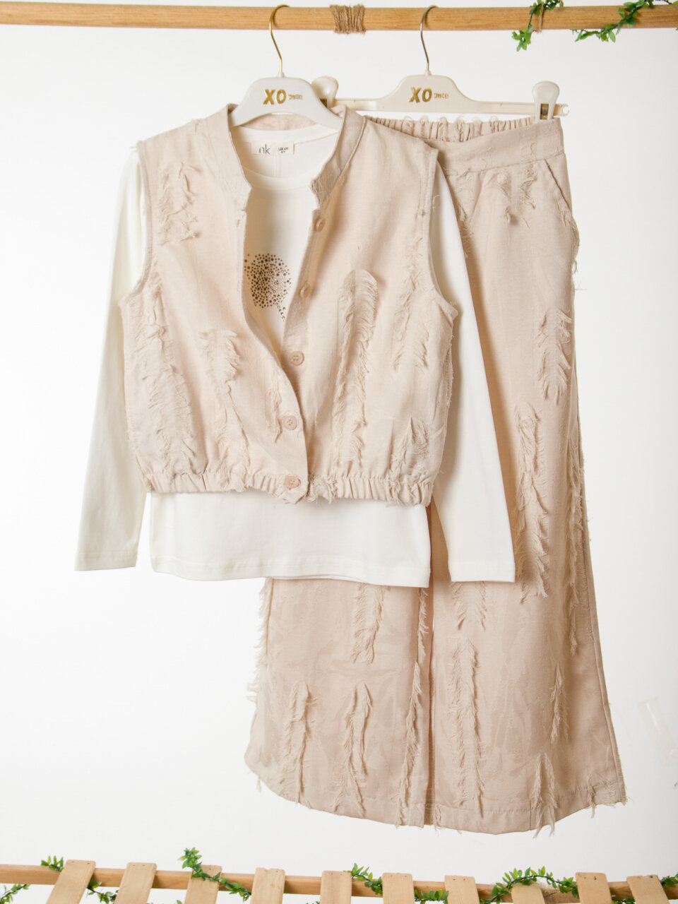 Kız Çocuk 3'lü Alt Üst Kombin Takmı 8-14 Yaş SET0495 Krem - 5