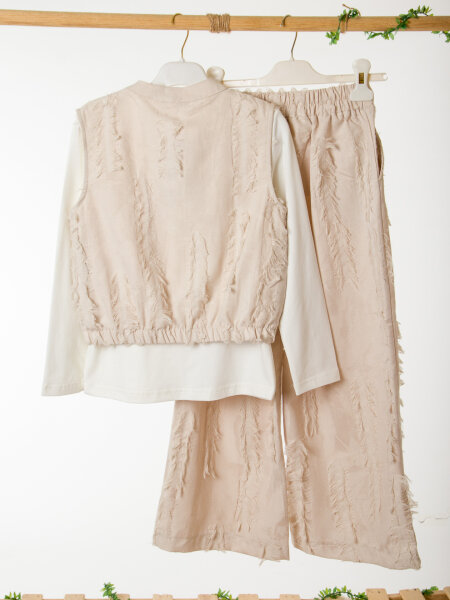 Kız Çocuk 3'lü Alt Üst Kombin Takmı 8-14 Yaş SET0495 Krem - 6