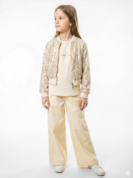 Kız Çocuk 3'lü Alt Üst Kombin Takmı SET0529 Krem - NK KİDS