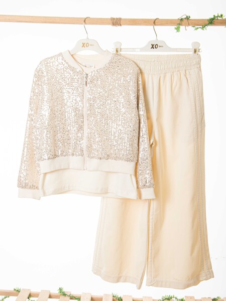 Kız Çocuk 3'lü Alt Üst Kombin Takmı SET0529 Krem - 5