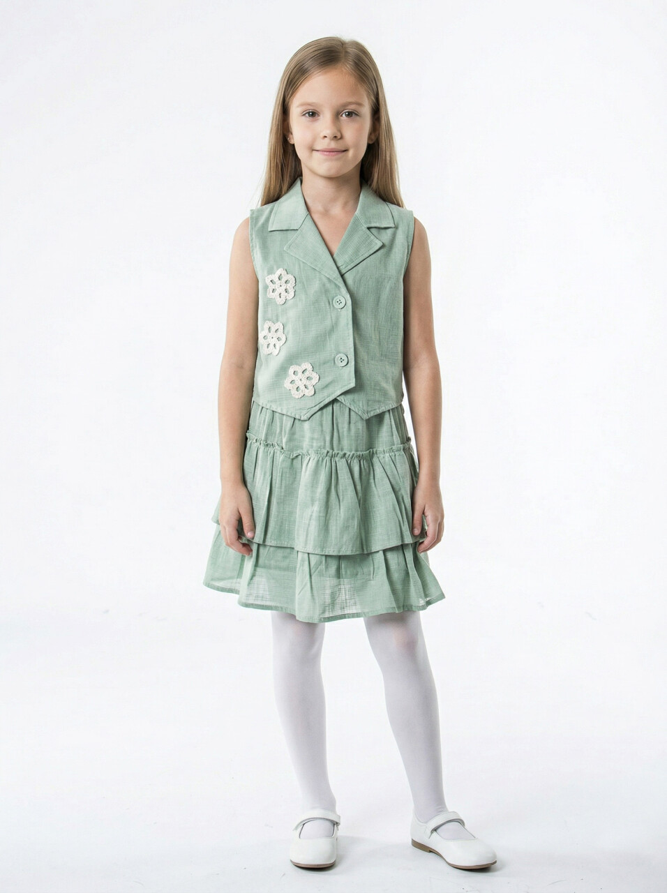 Kız Çocuk Yazlık 2'lı Alt Üst Takım (Yelek + Etek) 4-8 Yaş 11502 Mint - 1