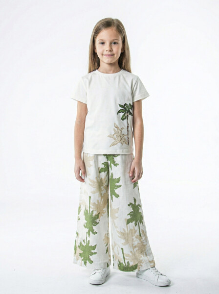 Kız Çocuk 2'li Alt Üst Kombin Takmı 8-14 Yaş SET0537 Ekru - Yeşil - NK KİDS