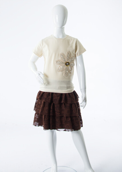 Kız Çocuk 2'li Alt Üst Kombin Takmı 8-14 Yaş SET0538 Kahverengi - 4