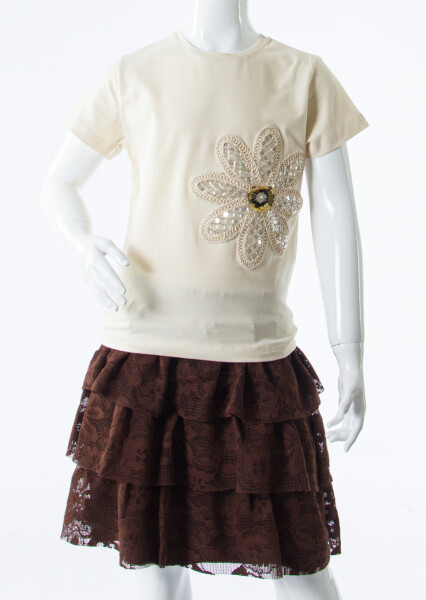 Kız Çocuk 2'li Alt Üst Kombin Takmı 8-14 Yaş SET0538 Kahverengi - 5