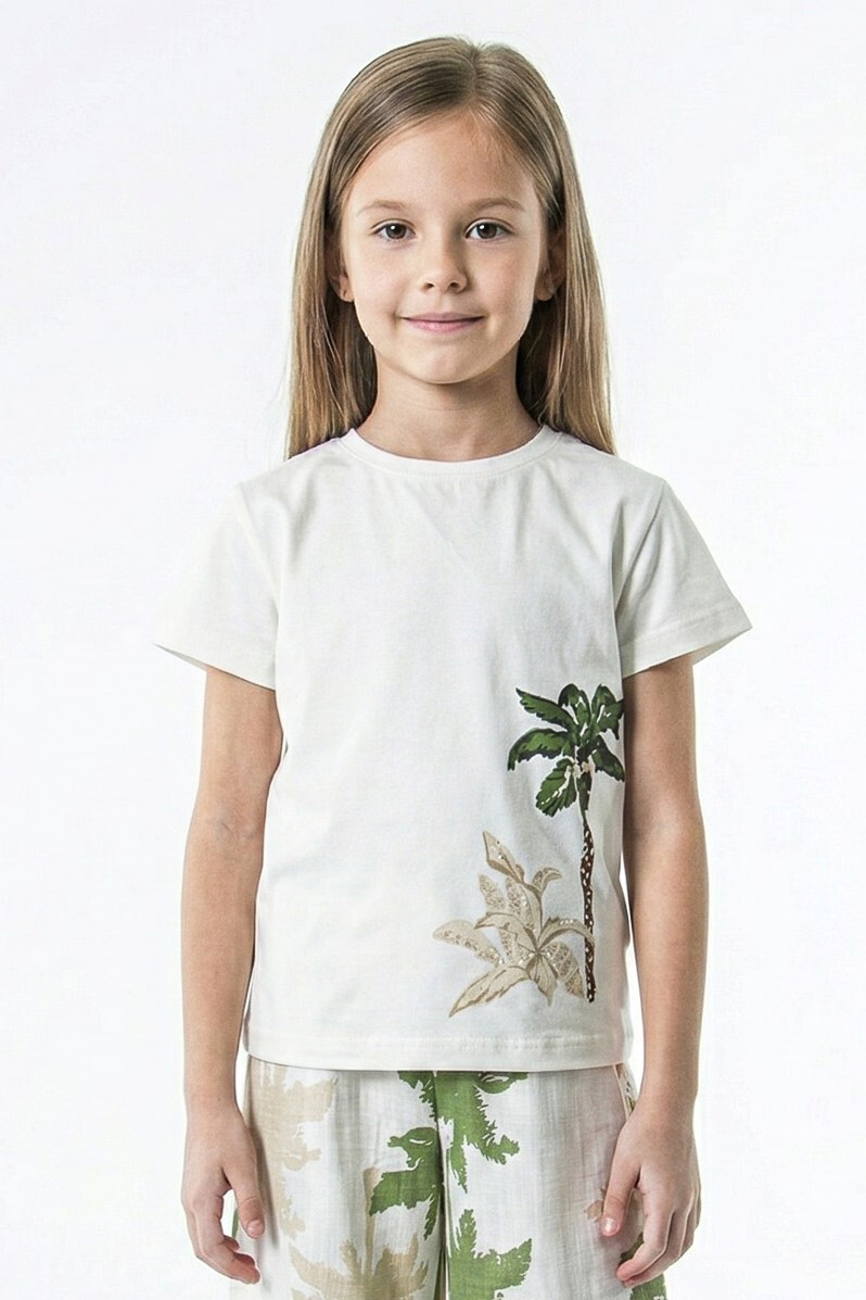 Kız Çocuk Yazlık Tişort 8-14 Yaş 31415 Ekru - Yeşil - 1