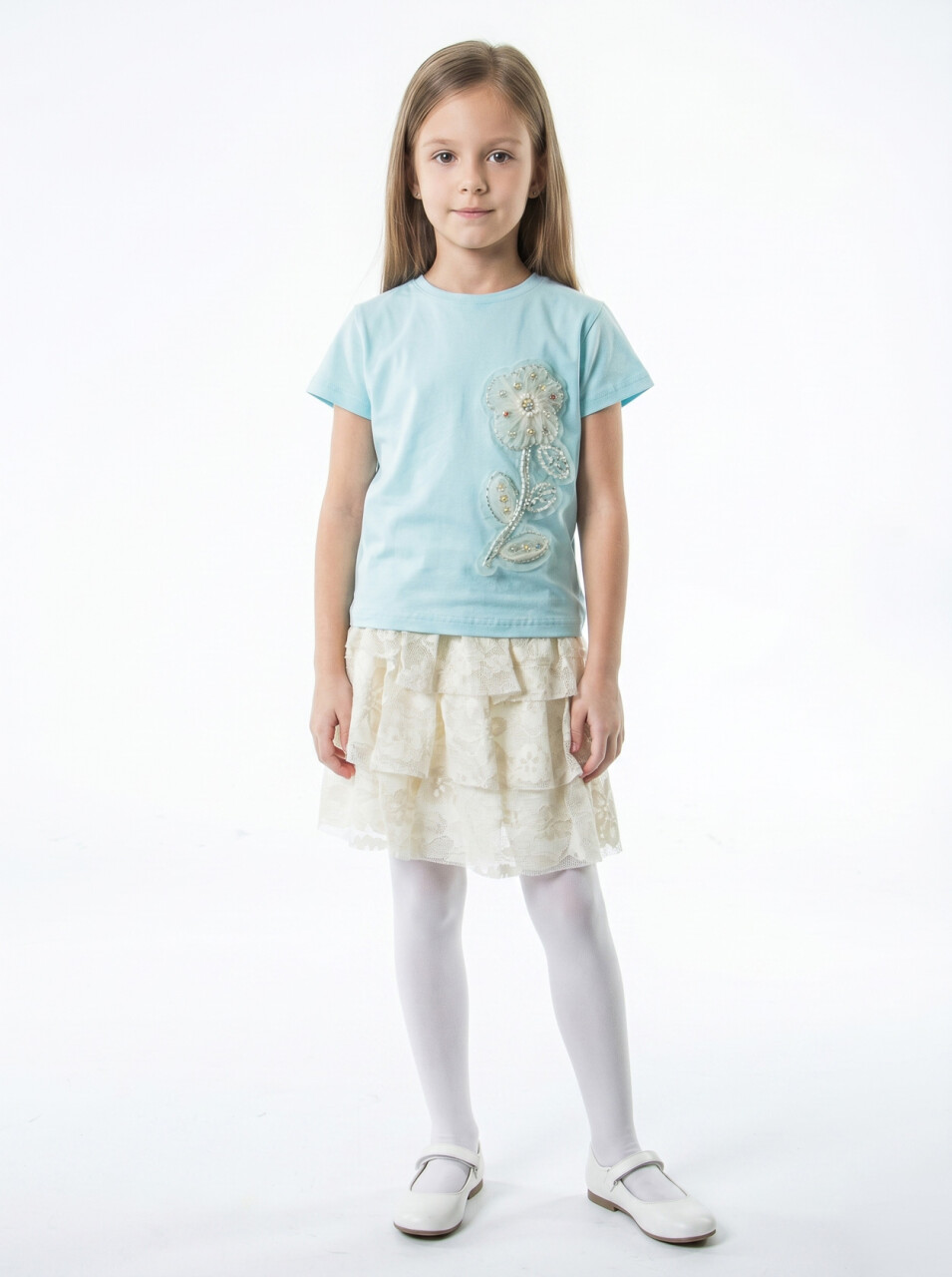 Kız Çocuk Yazlık 2'li Alt Üst Kombin Takmı 4-8 Yaş SET0539 Krem - 1