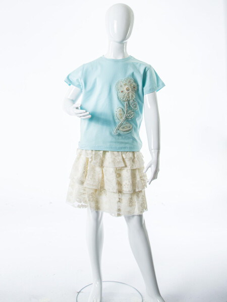 Kız Çocuk Yazlık 2'li Alt Üst Kombin Takmı 4-8 Yaş SET0539 Krem - 3