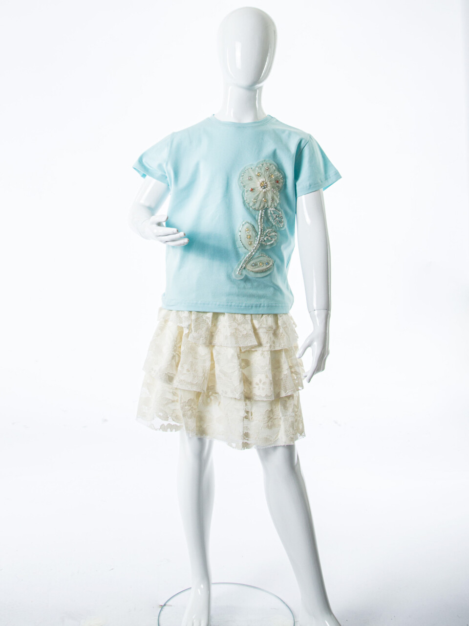 Kız Çocuk Yazlık 2'li Alt Üst Kombin Takmı 4-8 Yaş SET0539 Krem - 3